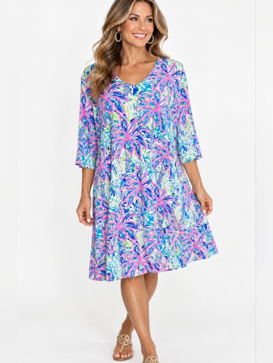 Lulu-B Dresses & Skirts - Lulu-B 1X SPF 50 Tropical Palm Print Dress Pink Blue 3/4 Sleeve Resort Plus